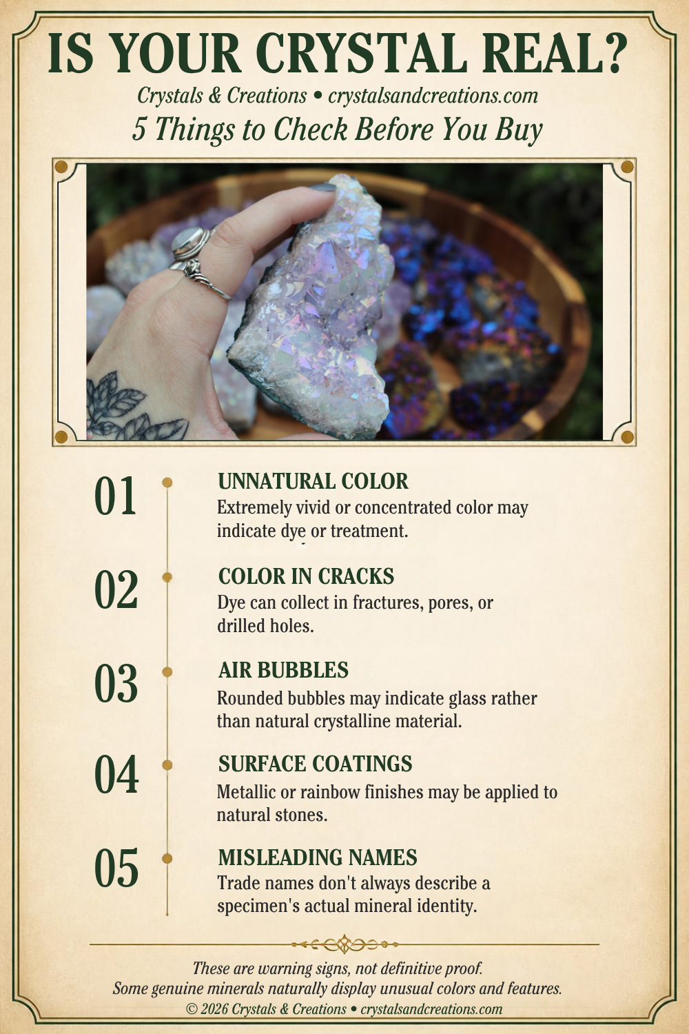 Five checks for mineral treatments, imitations and misleading names