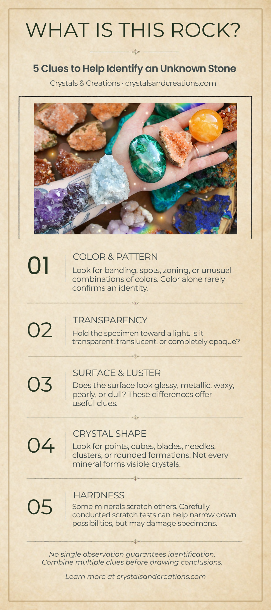 Five clues for identifying an unknown stone: color, transparency, luster, shape and hardness