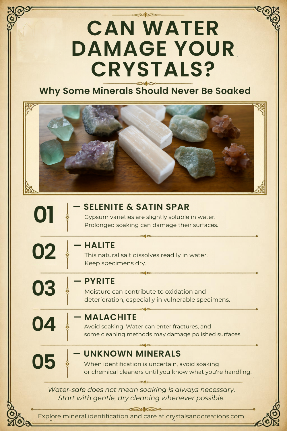 Water-care precautions for gypsum, halite, pyrite, malachite and unknown minerals